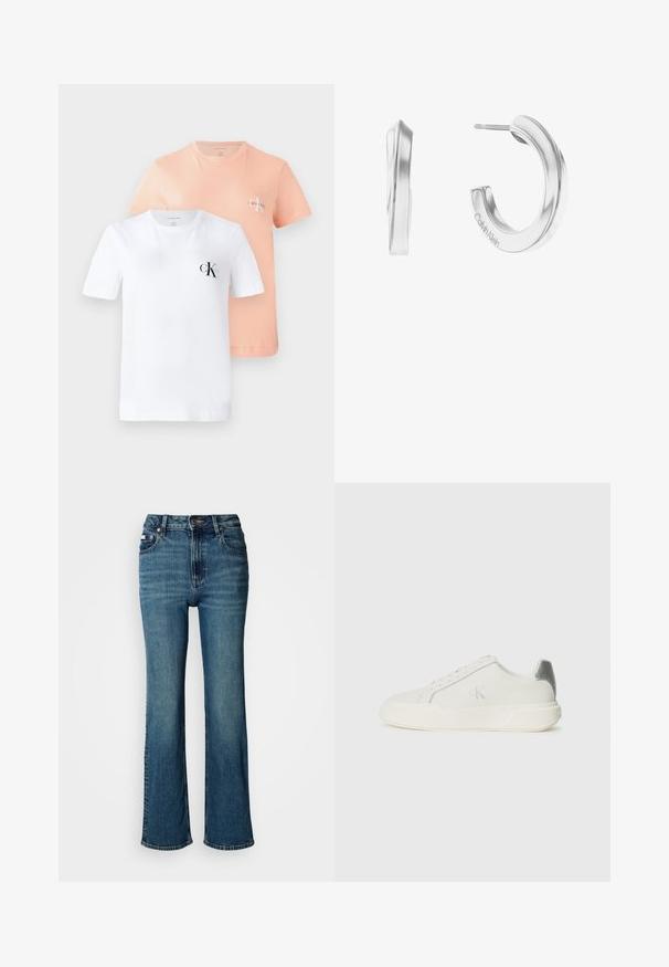 Twee korte mouwen T-shirts: één wit met een zwart CK-logo, één licht perzikkleurig met een kleiner CK-logo, beide gemaakt van zacht katoen.; Hogwaardige blauwe jeans van denim, met een rechtzittend ontwerp, subtiele vervaging en een standaard knoop- en ritssluiting.; Witte sneaker van leer met een gladde textuur, featuring een zilveren accent op de hiel, een platte zool en een minimalistisch ontwerp.; Zilveren oorringen met een glad, gebogen ontwerp. Het metaal is gepolijst en heeft minimalistische hardware met een subtiel gegraveerd logo.