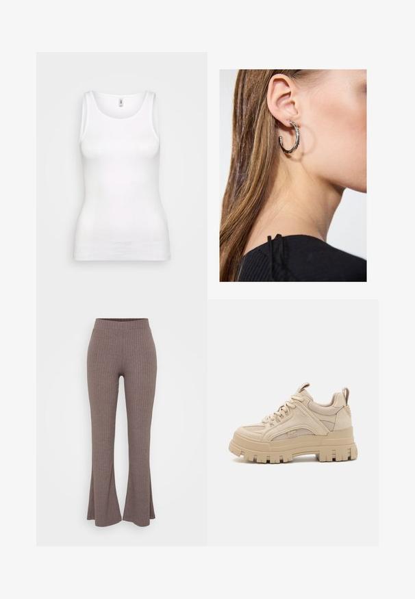 White, ribbed tank top with a round neckline and wide straps, featuring a slim fit that contours to the body. No visible patterns or accents.; Brown ribbed flared trousers with a high, stretchy waistband and a soft texture, featuring a subtle vertical pattern throughout.; Beige chunky sneakers with a mix of mesh and suede materials, featuring a thick sole and prominent tread, lace-up design, and branding detail.; Silver hoop earring with a polished finish, featuring small gold accent details and a round shape, worn on the lobe.