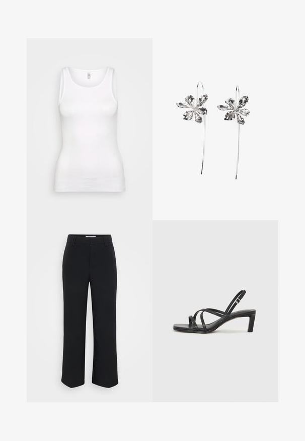 White, ribbed tank top with a round neckline and wide straps, featuring a slim fit that contours to the body. No visible patterns or accents.; Black wide-leg trousers with a smooth texture, featuring a flat waistband and side pockets, designed with a minimalist aesthetic.; Black strappy sandal with a square toe and a low block heel. Features multiple thin straps and an adjustable ankle strap. Made of smooth leather.; Silver flower-shaped earrings with a textured finish, featuring long hooks and petal-like details for an intricate design.