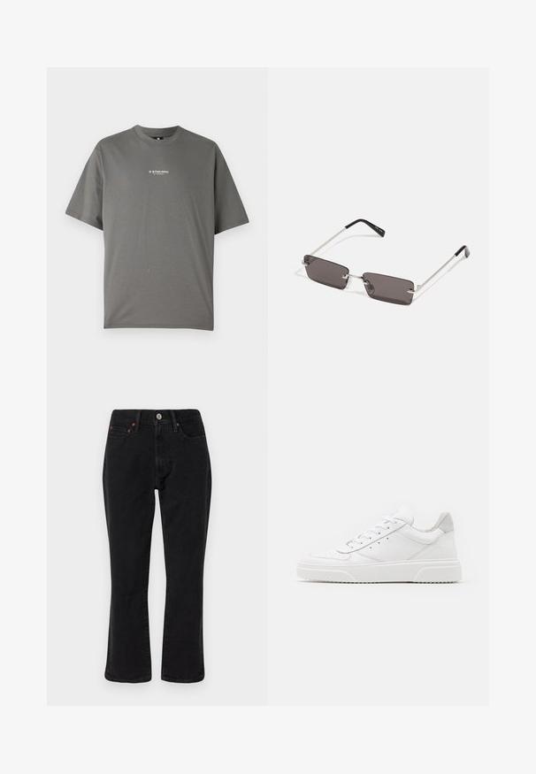 Gray cotton T-shirt with a crew neck, short sleeves, and a G-Star RAW logo printed in white across the chest.; Black denim jeans featuring a straight leg design, five-pocket style, and metal hardware with copper accents. Smooth texture and medium rise.; White leather sneakers with a smooth finish, rounded toe, flat laces, and a textured sole. Grey suede accent at the heel.; Sunglasses with rectangular, dark grey lenses, silver metal frames, and black plastic tips on the arms. Lightweight design with nose pads.
