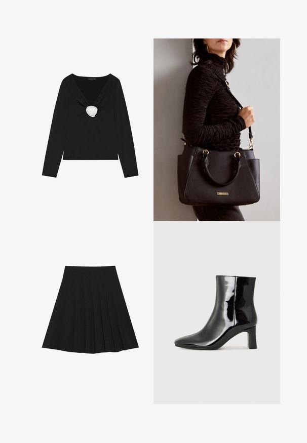 Black long-sleeve top featuring a deep V-neck and a white fabric rose accent at the center. Smooth texture with a fitted silhouette.; Black pleated skirt made of textured fabric with a fitted waistband. Falls to knee length, featuring a smooth, clean silhouette.; Black patent leather ankle boot with a pointed toe and a mid-height block heel. Smooth texture and minimalist design.; Black handbag with textured surface, dual top handles, and adjustable shoulder strap. Features gold-tone hardware and side pockets.