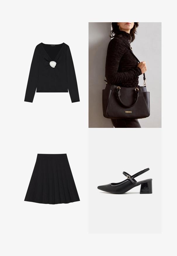 Fekete, hosszú ujjú felső, mély V-nyakkal és középen fehér anyagú rózsa díszítéssel. Sima textúrájú, testhez simuló szabású.; Fekete, pliszírozott szoknya texturált anyagból, szűk derékpánttal. Térd alá ér, sima, letisztult vonalvezetéssel.; Fekete lakk bőr, pántos magassarkú cipő, hegyes orral, lekerekített kivágással és tömbsarkal. Arany színű csat díszíti.; Fekete kézitáska texturált felülettel, dupla felső fogantyúval és állítható vállpánttal. Arany színű fém kiegészítők és oldalsó zsebek találhatók rajta.