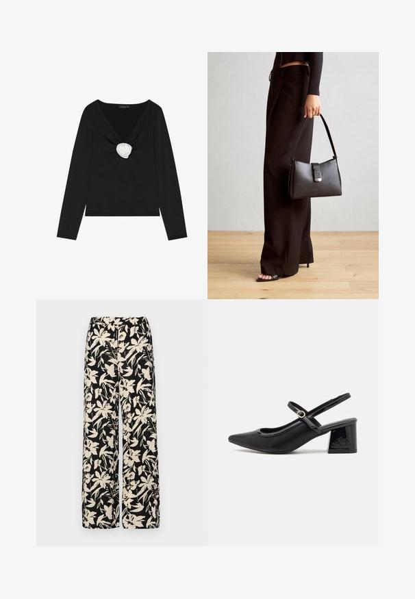 Zwarte lange mouw top met een diepe V-hals en een witte stoffen rozenaccent in het midden. Gladde textuur met een getailleerde pasvorm.; Zwarte wijde broek met een crèmekleurig bloemenpatroon. Gemaakt van lichtgewicht stof, met een zachte textuur en een hoge tailleband.; Zwarte gepolijste leren slingback hakken met een spitse neus, een ronde uitsnede en een blokhak. Voorzien van een gouden gespaccent.; Zwarte handtas met gestructureerde vorm, gladde textuur en een metalen sluiting. Gecombineerd met brede zwarte broeken en sandalen met open teen op een houten vloer.