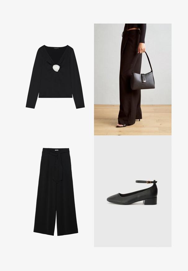 Black long-sleeve top featuring a deep V-neck and a white fabric rose accent at the center. Smooth texture with a fitted silhouette.; Black wide-leg pants featuring a textured fabric, an elastic waistband, and a detachable sash tie at the waist for adjustable fit.; Black leather pump with a pointed toe and a low block heel. Features an ankle strap with a gold-tone buckle. Smooth texture.; Black handbag with structured shape, smooth texture, and a metallic clasp. Paired with wide black pants and open-toe sandals on wooden floor.