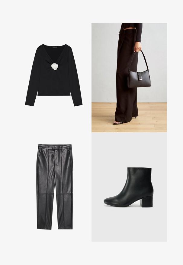 Melna garām piedurknēm topiņa ar dziļu V veida kakla izgriezumu un baltu auduma rozes akcentu centrā. Gluda tekstūra ar pieguļošas formas siluetu.; Melni ādas bikses ar gludu tekstūru, taisnas piegriezuma, divi priekšējie kabatas un redzami šuvju izstrādājumi.; Melna ādas potīšu zābaki ar smailu purngalu un masīlu papēdi. Gluda tekstūra ar minimāliem akcentiem un gludu, pieguļošu dizainu.; Melnā somiņa ar strukturētu formu, gludu tekstūru un metālu sprādzi. Saskaņota ar platām melnām biksēm un sandālēm ar atvērtu purngalu uz koka grīdas.