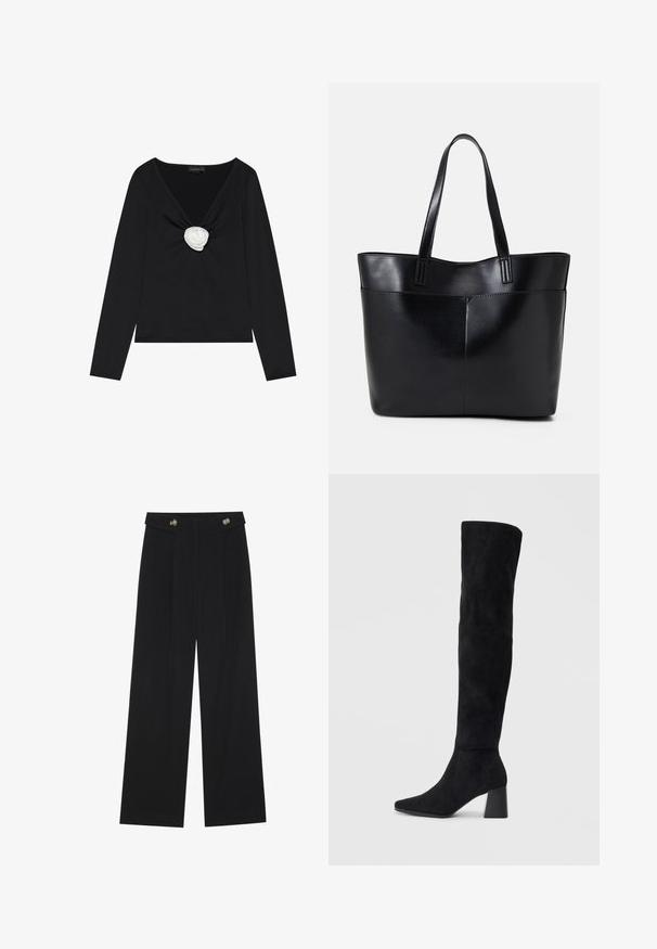 Black long-sleeve top featuring a deep V-neck and a white fabric rose accent at the center. Smooth texture with a fitted silhouette.; Black wide-leg trousers with high waist, button details on waistband, and front pleats.; Black suede knee-high boot with block heel, pointed toe, and smooth, seamless design on a plain light background.; Black leather tote bag with two long handles, a smooth texture, and a structured shape. Features a front pocket for additional storage.