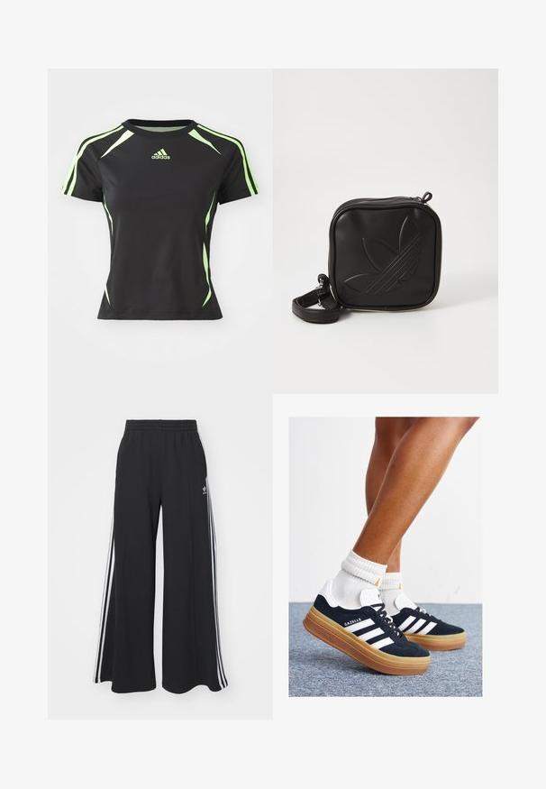 Camiseta atlética negra con mangas cortas, acentos verdes en los hombros y los costados, fabricada con un material suave y flexible.; Pantalones de chándal negros de pierna ancha con una cinturilla elástica, que presentan franjas blancas a los lados y un logo bordado en el muslo izquierdo.; Zapatillas deportivas de gamuza negra con rayas y detalles blancos, puntera redondeada, suela de goma color caramelo, combinadas con calcetines blancos acanalados a la altura del tobillo.; Bolso cruzado negro hecho de material sintético texturizado. Presenta un diseño de logo en relieve y correa ajustable. Cierre con cremallera.