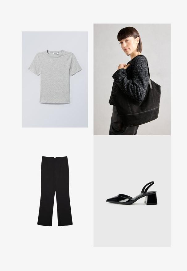 Light gray short-sleeve t-shirt made of soft fabric. Features a round neckline and simple, clean lines with no patterns or embellishments.; Black trousers with a straight fit, featuring front pockets and side slits at the hem. Made of soft, smooth fabric. Suitable for various occasions.; Black patent leather slingback heels with a pointed toe and a geometric block heel. Features a sleek, minimal design and smooth texture.; Black suede tote bag with a smooth texture, structured shape, and contrasting stitching. Features long straps for shoulder carry.