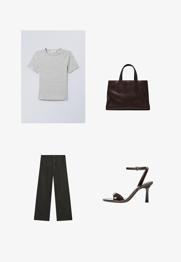 Hellgraues T-Shirt mit kurzen Ärmeln aus weichem Stoff. Verfügt über einen runden Halsausschnitt und einfache, klare Linien ohne Muster oder Verzierungen.; Schwarz-weiße, weit geschnittene Jeans mit mittelhohem Bund, zwei Vorderentaschen und einem klaren, minimalistischen Design ohne sichtbare Verzierungen.; Braune Lackleder-High-Heelsandale mit einem Knöchelriemen, offener Zehenpartie und einem schlanken, minimalistischen Design. Verfügt über einen quadratischen Absatz.; Braune Ledertasche mit zwei langen Griffen, strukturierte rechteckige Form, glatte Textur und dezente Nähdetails.