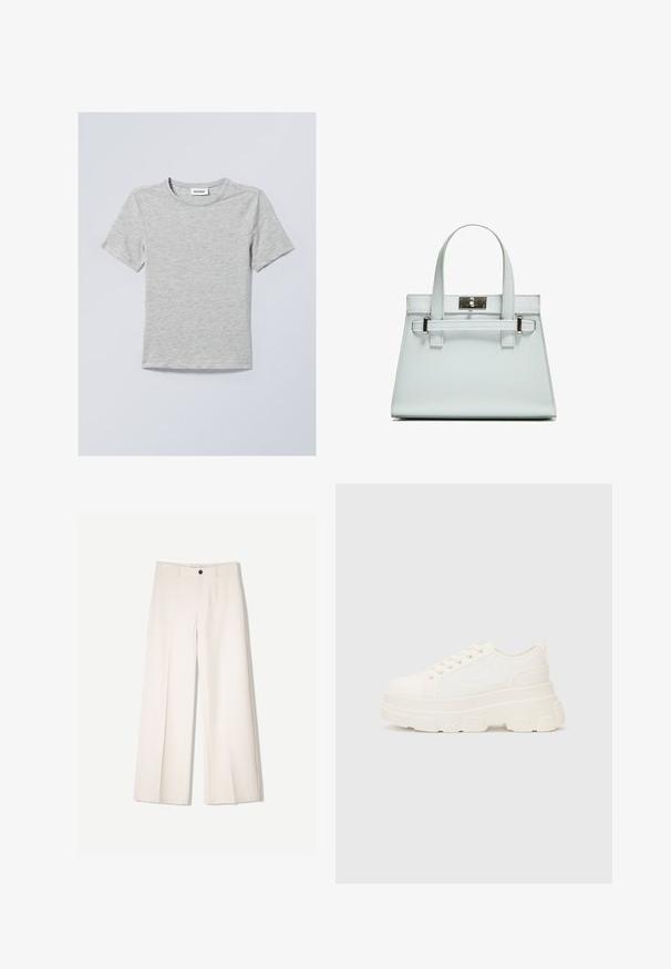 Light gray short-sleeve t-shirt made of soft fabric. Features a round neckline and simple, clean lines with no patterns or embellishments.; Cream wide-leg trousers with a tailored design, featuring two front pockets and a single front button closure, made from smooth fabric.; White canvas sneaker with a chunky sole, rounded toe, and five eyelets for laces. Back tab for easy wear. Smooth texture, minimalist design.; Light blue handbag with structured design, two handles, and a silver-toned hardware clasp. Textured material and sharp corners.