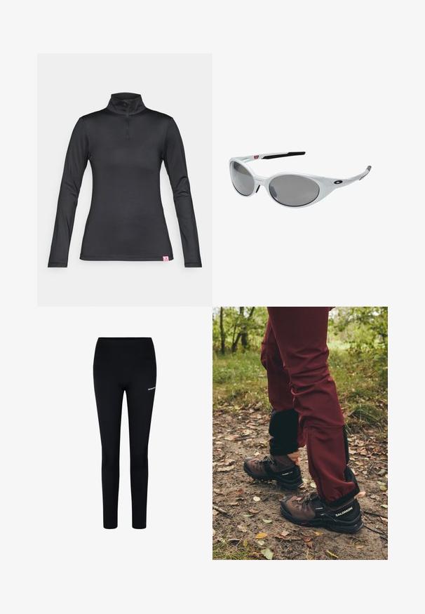 Mustapaita, jossa on pitkät hihat, korkea kaulus ja neljännesvetoketju. Valmistettu sileästä, joustavasta kankaasta, jossa on pieni vaaleanpunainen logo helmassa.; Mustat legginsit venyvästä kankaasta, joissa on korkea vyötärö ja pieni logo vasemmassa reidessä, suunniteltu mukavuutta ja liikkumavaraa varten.; Ruskeat vaelluskengät mustilla yksityiskohdilla ja karkeilla pohjilla, yhdistettynä viininpunaisiin vedenpitäviin housuihin, joissa on mustat sivupaneelit ja vetoketjut.; Valkoiset muoviset aurinkolasit suurilla soikeilla linsseillä, harmaasävyiset. Varusteena mustat korvavarret ja pieni logo kehyksessä. Sileä pinta.; Salomon ACTIVE SKIN 12 SET UNISEX - Juomareppu - black; Mustat hanskat, jotka on valmistettu teksturoidusta kankaasta, sisältävät sormisegmentoinnin ja kosketusherkän sormenpään. "SALOMON"-logo valkoisena sivussa.