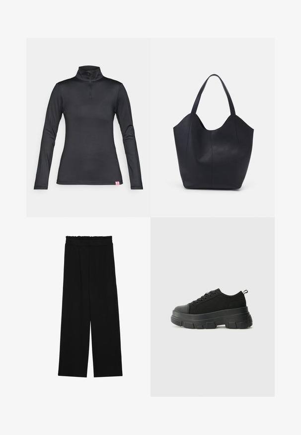 Must kaasikrae ja veerand tõmblukuga must pikka varrukatega topp. Valmistatud siledast, venivast kangast, mille hemil on väike roosa logo.; Mustad laiad püksid rüüstatud vöökohtadega, millel on kaks küljetaskut ja ühetaoline, kerge kangas. Ilma nähtavate mustrite või seadmeteeta.; Mustad mustad mustikad, millel on tugev kummist põhi, tekstuuriga kangast pealis, ümar varvas ja seotud disain. Omab tugevdatud silmuseid ja tagumist tõmbeotsta.; Must must kinnas must rinna, millel on kaarjas avatud ülemine osa, kaks õlarihma ja minimalistlik disain.