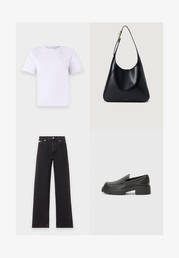Balta medvilninė marškinėliai su iškilniu užrašu "MEILĖS". Klasikinis apvalus kaklas ir trumpomis rankovėmis, laisvas pjūvis.; Juodos plačios kojų džinsai, pagaminti iš džinsinio audinio, su aukštu liemeniu, penkių kišenių stiliumi ir metaline sagte su kontrastingo siuvimo detalėmis.; Juodi odiniai loaferiai su apvaliu pirštu, storu tekstūruotu padu ir minimaliu siūlių dekoru. Išskirtinis dizainas be matomų raištelių ar furnitūros.; Juodas odinis pečių krepšys su lygiu paviršiumi, kreiviu siluetu ir auksinės spalvos detalėmis. Pagrindinėje dalyje yra išgraviruotas prekės ženklo logo.