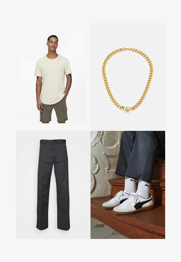 T-shirt de algodão bege com gola redonda, mangas curtas e um corte descontraído. Usado com calções cargo verdes-oliva com bolsos.; Calças pretas feitas de um tecido resistente, com um design de perna reta, uma cintura com passantes para cinto e costuras para adicionar textura.; Ténis Puma em camurça branca e preta, com uma sola de borracha castanha. Combinados com meias brancas exibindo um logótipo preto, usados com calças escuras.; Colar de corrente de ouro com grandes elos interligados, apresentando um detalhe em forma de pêndulo circular no centro com um emblema saliente.