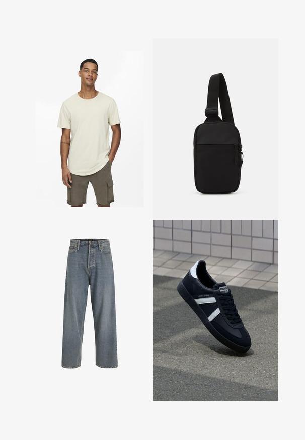 Tshirt in cotone beige con collo rotondo, maniche corte e una vestibilità comoda. Abbinato a pantaloni cargo verde oliva con tasche.; Jeans in denim azzurro chiaro a gamba larga con vitino alto, design a cinque tasche e cuciture visibili. Tessuto morbido con un aspetto leggermente sbiadito.; Sneaker neri in pelle con strisce bianche, suola in gomma texturizzata e allacciatura frontale. Presenta un'etichetta con il marchio sulla linguetta.; Borsa a tracolla nera realizzata in tessuto resistente, con una singola tracolla regolabile, un compartimento principale con zip e una tasca frontale.