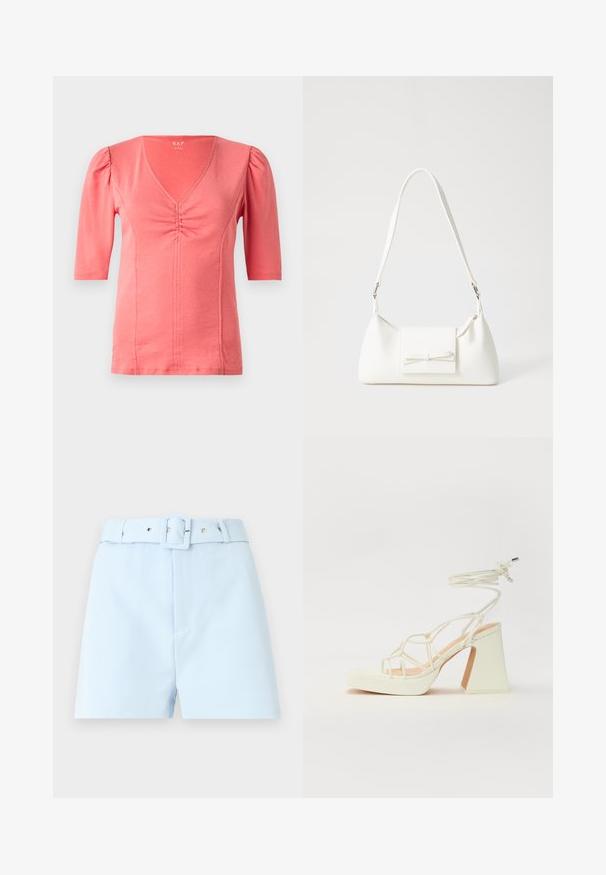 Koraļa krāsas īsām piedurknēm blūze ar V veida kakla izgriezumu, savilkuma detaļu priekšpusē un mīkstu elastīgu audumu. Gluda tekstūra un pieguļošs dizains.; Gaiši zili šorti ar jostu, kurai ir kvadrātveida sprādze un metāla aksesuāri. Gluds audums, piegriezums, kas piegādāts, un krokots priekšpuses dizains.; Baltas augstpapēžu sandales ar masīvu papēdi, ar siksnu dizainu un potītes saistītiem elementiem. Gluda tekstūra ar platformu priekšpusē, lai nodrošinātu papildu augstumu.; Balta sintētiska soma ar trīsstūrveida formu, plakanu priekšējo vāciņu un loku detaļu, regulējamu siksnu, gludu tekstūru un minimālistisku dizainu.