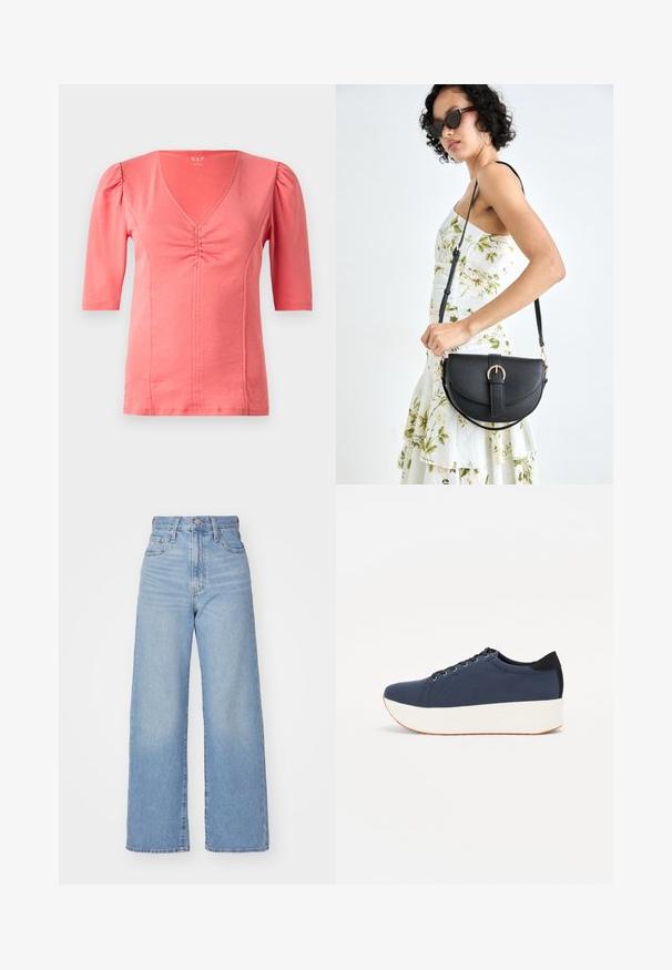 Top corto de manga corta en color coral con escote en V, detalle fruncido en la parte frontal y tejido elástico suave. Textura suave y diseño ajustado.; Jeans de tiro alto y pernera ancha en azul claro, con cierre frontal de botón y cremallera, y bolsillos delantero y trasero, sobre un fondo blanco.; Zapatilla de color azul marino con parte superior de tejido texturizado, suela de plataforma blanca, punta redondeada y acento en el talón negro. Cuenta con seis ojales para los cordones.; Bolso de piel negra con forma curva, correa desmontable y herrajes dorados. El bolso cuenta con una solapa con un detalle de hebilla.