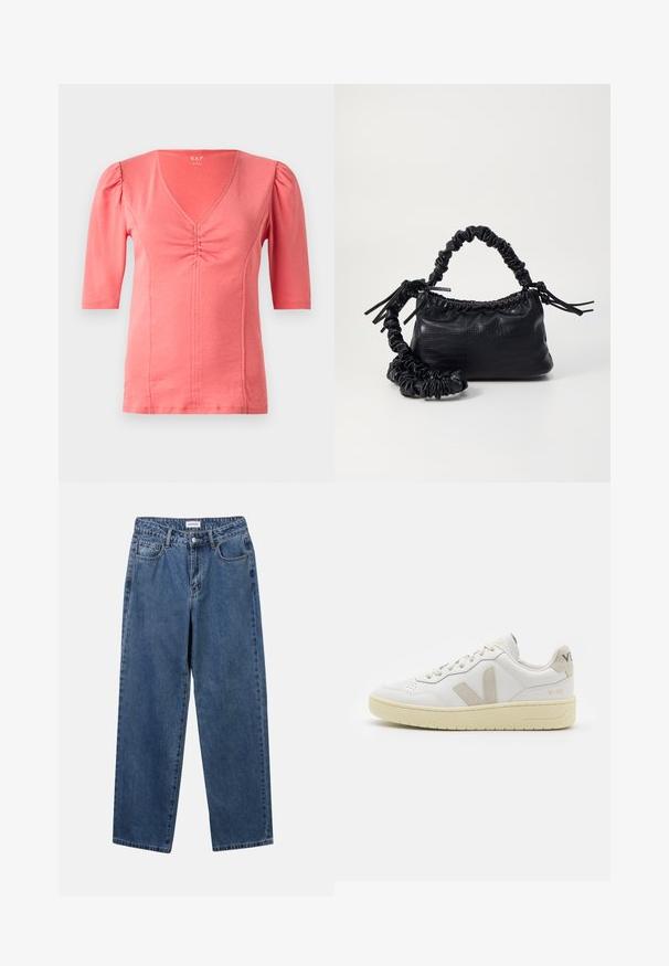 Top corto de manga corta en color coral con escote en V, detalle fruncido en la parte frontal y tejido elástico suave. Textura suave y diseño ajustado.; Jeans de mezclilla azul clásico con un diseño de pierna recta, cinco bolsillos y cierre de botón. Presenta un lavado medio y una textura resistente.; Zapatilla de piel blanca con acentos de ante beige, caja de puntera perforada, cordones planos y suela texturizada en color crema. Cuenta con un branding sutil en el talón.; Bolso de mano de imitación cuero negro con textura de cocodrilo, parte superior fruncida y correa arrugada. Presenta un diseño suave y compacto.