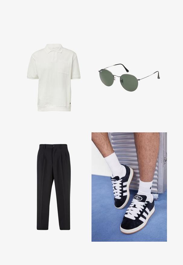 Weißes Poloshirt mit kurzen Ärmeln, strukturiertem Streifenmuster, V-Ausschnitt und einer einzelnen Brusttasche. Mit einem soliden gerippten Saum abgeschlossen.; Schwarze Hose mit plissiertem Vorderdesign, aus glattem Stoff gefertigt. Mit Knopfverschluss und Gürtelschlaufen; gerade Passform.; Schwarze Wildledersneaker mit weißen Schnürsenkeln und drei weißen Streifen. Verfügt über ein kreisförmiges schwarzes Logo auf der Zunge und eine Gummisohle.; Metallgestellte Sonnenbrille mit ovalen grünen Gläsern. Dünner silberner Metallrahmen und schwarze Ohrstücke. Minimalistisches Design, keine sichtbaren Logos.