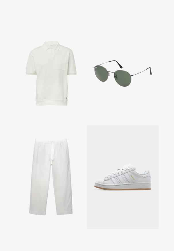 Polo blanc à manches courtes avec un motif rayé texturé, col en V et une poche poitrine unique. Fini avec un ourlet côtelé uni.; Pantalons en lin blanc avec une taille élastique et un cordon de serrage, conception à jambes larges et coutures nettes. Texture lisse avec une coupe décontractée.; Baskets blanches avec un design perforé à trois rayures, des accents texturés, une semelle en caoutchouc et le logo "CAMPUS" en doré sur le côté.; Lunettes de soleil en métal avec des verres ovales verts. Monture en métal argenté mince et embouts d'oreille noirs. Design minimaliste, sans logos visibles.
