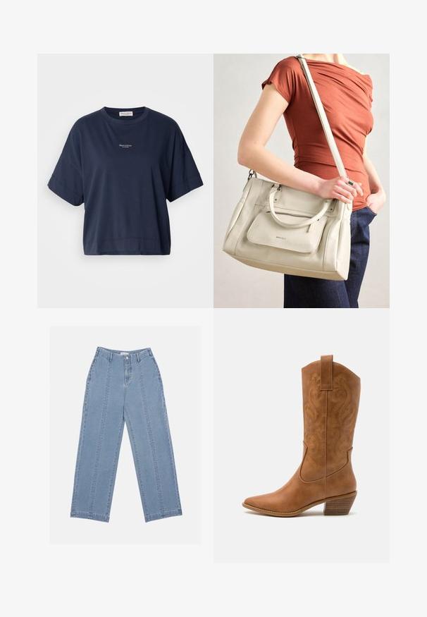 Mornarski plavi majica s kratkim rukavima izrađena od mekog pamuka. Ima okrugli izrez i mali logotip otisnut na prsima. Ležeran kroj.; Svijetloplave traperice širokih nogavica. Imaju visoki struk, kopčanje na gumbe i vidljive šavove. Nema vidljivih džepova sprijeda.; Smeđe kožne kaubojke s oštrim nosom, izvezenim spiralnim uzorcima na gornjem dijelu i blok petom. Imaju potporu za lakše obuvanje.; Bijela kožna torba s dvije ručke i odvojivim remenom, s prednjim zatvornim džepom i glatkom teksturom. Drži se na ruci osobe.