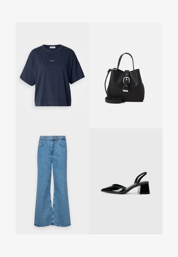 Tricou de culoare albastru marin, cu mânecă scurtă, realizat din bumbac moale. Are un guler rotund și un mic logo imprimat pe piept. Croială casual.; Jeanși evazați de culoare albastru deschis, din denim, cu talie înaltă, cinci buzunare și închidere cu un singur buton. Textură moale cu un finisaj decolorat.; Pantofi cu toc slingback din piele lacuită neagră, cu vârf ascuțit și toc geometric. Prezintă un design elegant, minimalist și o textură netedă.; Geantă de tip bucket neagră, realizată din piele netedă, cu o formă structurată, maner scurt și bretele de umăr detașabilă. Detaliu cu cataramă argintie.