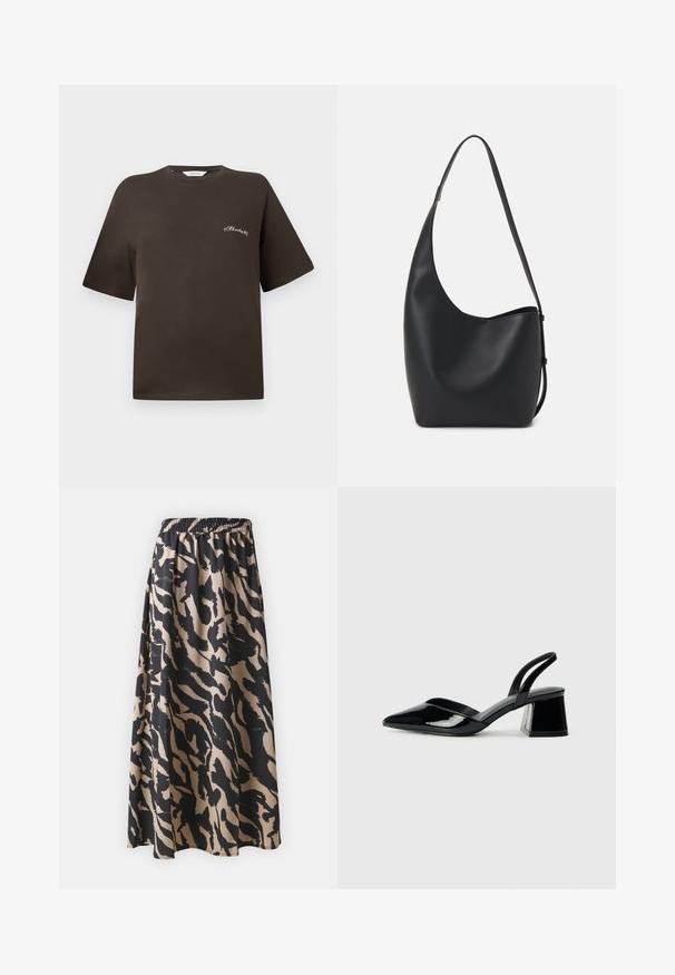Brown cotton t-shirt with short sleeves, relaxed fit, round neckline, featuring a small white embroidered text on the left chest.; Black and beige long skirt with an elastic waistband, featuring an abstract animal print pattern and a flowing silhouette.; Black patent leather slingback heels with a pointed toe and a geometric block heel. Features a sleek, minimal design and smooth texture.; Black leather hobo bag with a smooth texture, curved shape, and single adjustable strap; features a wide opening at the top.