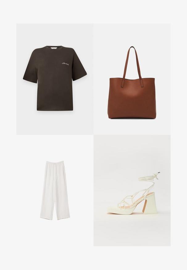 Smeđa pamuk majica s kratkim rukavima, opuštenog kroja, okruglog izreza, sa malim bijelim vezivom na lijevoj strani prsnog dijela.; Bijele hlače širokih nogavica napravljene od lagane tkanine. Imaju elastičan pojas s ušicom i bočne džepove. Glatka tekstura.; Bijela sandala na visokoj potpetici s debelim petom, s remenom i vezanjem oko gležnja. Glatka tekstura s platformom sprijeda za dodatnu visinu.; Smeđa kožna torba preko ramena s glatkom teksturom, otvorenim vrhom i dvjema naramenicama. Ima minimalne šavove i nema vidljivog hardvera.