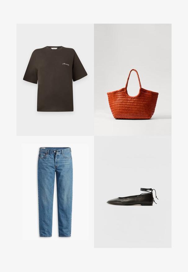 Hnedé bavlnené tričko s krátkymi rukávmi, voľný strih, okrúhly výstrih, s malým bielym vyšitým textom na ľavej hrudi.; Modré denimové džínsy so strihom rovného nohavice, s príklopkou na zips, dvomi prednými vreckami a jemným vyblednutím po celej látke.; Čierne kožené baletky s špicatou špičkou, viazaním okolo členka a plochou podrážkou, s hladkou textúrou a minimalistickým dizajnom.; DRAGON DIFFUSION NANTUCKET BASKET BIG - Kabelka - naranja