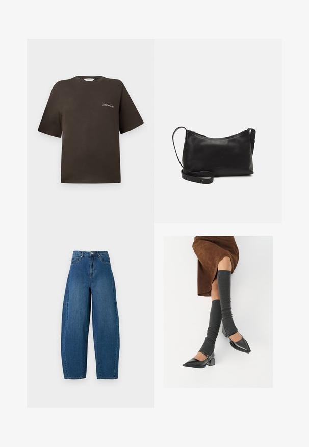 Smeđa pamuk majica s kratkim rukavima, opuštenog kroja, okruglog izreza, sa malim bijelim vezivom na lijevoj strani prsnog dijela.; Traperice u srednjem plavom pranju, s visokim strukom, širokim nogavicama i standardnim dizajnom s pet džepova, s vidljivim detaljima šivanja.; Crne lakirane cipele s šiljastim prstima, blok-petom i remenom oko gležnja, uparene s sivim rebrastim čarapama do koljena i smešnom suknjom od antilopa.; Crna kožna torba na rame s glatkom teksturom, zakrivljenim oblikom, podesivim remenom i zatvaranjem na patentni zatvarač. Minimalistički dizajn bez ukrasa.