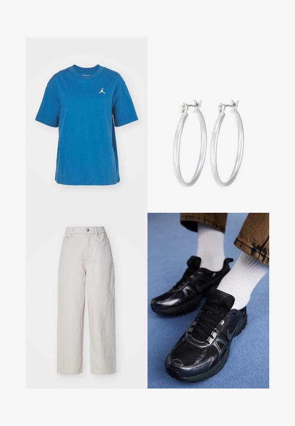 Modrá bavlněná trička s krátkými rukávy a kulatým výstřihem, se malým bílým logem Jumpman na levé straně hrudi a volným střihem.; Béžové široké kalhoty z bavlny s vysokým pasem, zapínáním na knoflík a zip a čtyřmi kapsami; hladký povrch s denimovým dojmem.; Černé sportovní boty Nike mají síťovinový svršek s lesklými akcenty, černé tkaničky a texturovanou podrážku. V kombinaci s bílými žebrovanými ponožkami.; Stříbrné kruhové náušnice s hladkým, lesklým povrchem. Kulatý tvar a bezpečné zapínání na klip. Lehký design vhodný pro každodenní nošení.