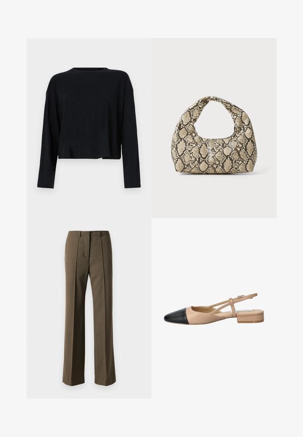 Schwarzes, langärmliges Crop-Top mit rundem Ausschnitt. Hergestellt aus weichem Stoff, mit lockerer Passform und heruntergesetzten Schulternähten. Keine sichtbaren Muster oder Akzente.; Braune maßgeschneiderte Hose mit geradem Schnitt, gefaltetem Vorderteil und klassischem Bund. Hergestellt aus glattem Stoff mit raffiniertem Finish.; Beige und schwarze zweifarbige Slingback-Schuhe mit spitzer Zehenpartie, flachem Absatz und gekreuztem Riemendetail. Glattes Lederfinish.; Schlangenmuster-Tasche mit einem gebogenen Griff. Hergestellt aus strukturierten, beige- und braunfarbenen Materialien, die ein markantes Diamantmuster aufweisen.