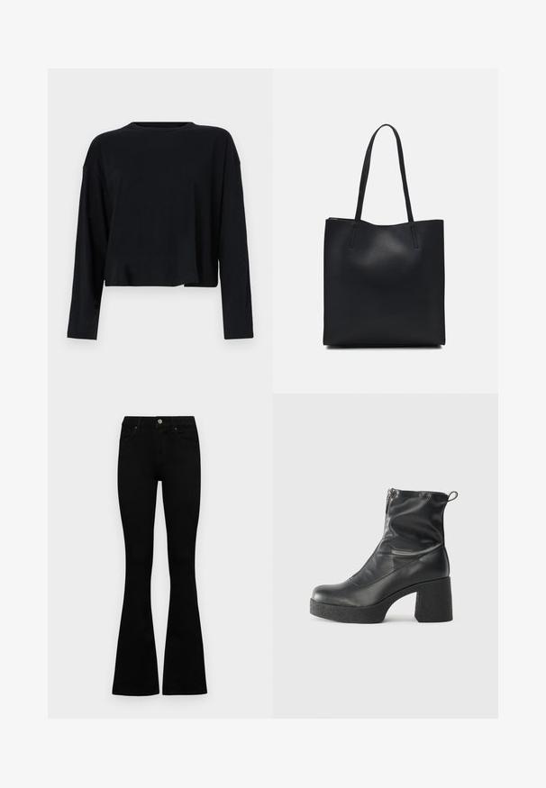 Fekete, hosszú ujjú, rövid fazonú felső, kerek nyakkivágással. Puha anyagból készült, laza szabással és leengedett vállvarratokkal. Nincsenek látható minták vagy díszítések.; Fekete, magas derekú farmernadrág gomb- és cipzárzárral, elülső zsebekkel és harangszárral, laposan egy fehér háttérre terítve.; Fekete bokacsizmák sima bőrből, oldalsó cipzárral, vastag, texturált sarkú és lekerekített orrú dizájnnal.; Fekete bőrtáska sima felszínnel, téglalap alakú, két hosszú füllel. Nincs látható fémkiegészítő vagy díszítés.