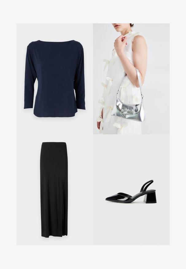 Marineblaue Langarmbluse aus weichem Stoff, mit weitem Ausschnitt und lockerer Passform, geradem Saum und minimalen Nähten.; Schwarzer Maxikleid-Rock aus weichem, dehnbarem Material. Verfügt über einen Seitenschlitz und ein einfaches, schlankes Design ohne Verzierungen.; Schwarze Lackleder-Slingback-High Heels mit spitzem Schuh und einem geometrischen Blockabsatz. Verfügt über ein schlankes, minimalistisches Design und eine glatte Textur.; Silberne metallische Handtasche mit strukturierter Form, ausgestattet mit einem oberen Griff und einer Schleifenapplikation auf der Vorderseite. Glatte Textur, reflektierendes Finish.