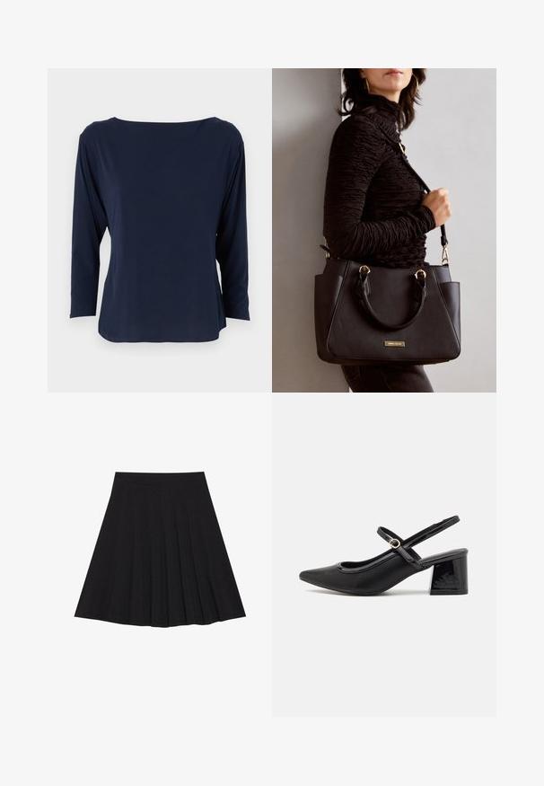 Sötétkék, hosszú ujjú felső, puha anyagból készült, széles nyakkivágással és laza szabással, egyenes aljjal és minimalista varrásokkal.; Fekete, pliszírozott szoknya texturált anyagból, szűk derékpánttal. Térd alá ér, sima, letisztult vonalvezetéssel.; Fekete lakk bőr, pántos magassarkú cipő, hegyes orral, lekerekített kivágással és tömbsarkal. Arany színű csat díszíti.; Fekete kézitáska texturált felülettel, dupla felső fogantyúval és állítható vállpánttal. Arany színű fém kiegészítők és oldalsó zsebek találhatók rajta.