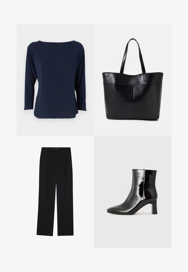 Tamno plavi dukserica dugih rukava od mekog materijala, sa širokim dekolteom i opuštenim krojem, pravim rubom i minimalnim šavovima.; Crne hlače ravnog kroja, s dva prednja džepa i pojasom. Izrađene od glatkog, laganog materijala.; Crne lakirane kožne gležnjače s šiljastim prstom i srednje visokom blok petom. Glatka tekstura i minimalistički dizajn.; Crna kožna torba s dugim ručkama, glatkom teksturom i strukturiranim oblikom. Ima prednju džep za dodatno pohranu.