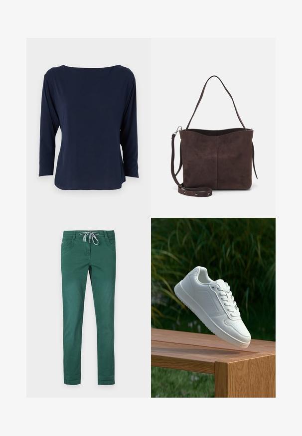 Tmavomodrý top s dlhým rukávom vyrobený z mäkkého materiálu, s širokým výstrihom a uvoľneným strihom, so sťahovaným lemom a minimálnymi švami.; Zelené nohavice z bavlneného zmesi so strihom rovného nohavicu, s nastaviteľným pásom na šnúrku a dvoma prednými vreckami. Hladká textúra a bez vzorov.; Biele tenisky s hladkým syntetickým zvrškom, perforovanou špičkou, plochými šnúrkami a textúrovanou podrážkou, vystavené na drevenej ploche.; Hnedá semišová taška s mäkkou textúrou, vybavená jedným ramenným popruhom a jemne zakriveným horným otvorom. Bez viditeľných hardvérových detailov.