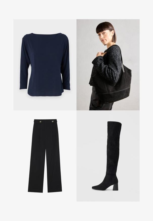 Camisola de manga longa azul-marinho feita de tecido suave, com um decote amplo e um corte relaxado, a terminar com uma bainha reta e costuras mínimas.; Calças largas pretas com cintura alta, detalhes em botão na cintura e pregas frontais.; Bota de camurça preta até ao joelho com salto bloco, bico fino e design suave e sem costuras sobre um fundo claro.; Bolsa tote preta de camurça com uma textura suave, forma estruturada e costura contrastante. Possui alças longas para ser transportada ao ombro.