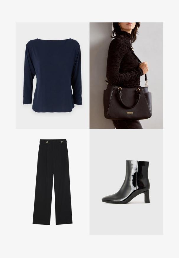 Navy blue long-sleeve top made of soft fabric, featuring a wide neckline and relaxed fit, with straight hem and minimal seams.; Black wide-leg trousers with high waist, button details on waistband, and front pleats.; Black patent leather ankle boot with a pointed toe and a mid-height block heel. Smooth texture and minimalist design.; Black handbag with textured surface, dual top handles, and adjustable shoulder strap. Features gold-tone hardware and side pockets.