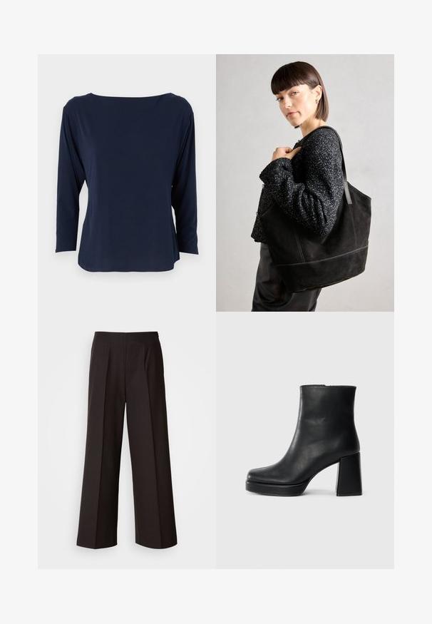 Navy blue long-sleeve top made of soft fabric, featuring a wide neckline and relaxed fit, with straight hem and minimal seams.; Black wide-leg trousers with a flat front, pleats, and a smooth fabric texture. Features a high waist and tailored cut for a structured fit.; Black leather ankle boot with a block heel and platform sole, viewed from the side on a plain white background.; Black suede tote bag with a smooth texture, structured shape, and contrasting stitching. Features long straps for shoulder carry.
