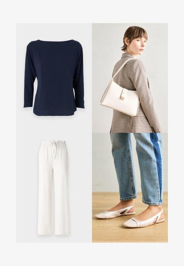 Tamsiai mėlynas ilgos rankovės marškinėliai, pagaminti iš minkštos medžiagos, su plačiu iškirpimu ir laisvu siluetu, tiesia apatine dalimi ir minimaliais siūlais.; Balti plačios kelnės, pagamintos iš minkštos medžiagos, su raišteliu liemens srityje ir glotnia tekstūra. Nėra matomų raštų ar puošmenų.; Šviesiai rožiniai slingback baleto bateliai su smailiu pirštu, pagaminti iš lygios odai panašios medžiagos. Yra išpjovimų detalės šonuose ir plokščias kulnas.; Balto odos rankinė su struktūrizuotu dizainu, turinti magnetinį užsegimą ir petnešą, demonstruojama prieš neutralią foną.