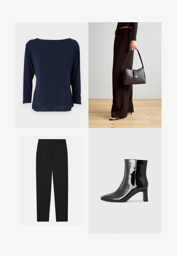 Marineblaue Langarmbluse aus weichem Stoff, mit weitem Ausschnitt und lockerer Passform, geradem Saum und minimalen Nähten.; Schwarze Hosen mit taillierter Passform, ausgestattet mit seitlichen Taschen und geradem Bein. Hergestellt aus glattem, leichtem Stoff mit einem eleganten Finish.; Schwarzer Lackleder-Stiefelette mit spitzer Zehe und einem mittelhohen Blockabsatz. Glatte Textur und minimalistisches Design.; Schwarze Handtasche mit strukturierter Form, glatter Textur und einem metallischen Verschluss. Kombiniert mit weiten schwarzen Hosen und offenen Sandalen auf einem Holzboden.