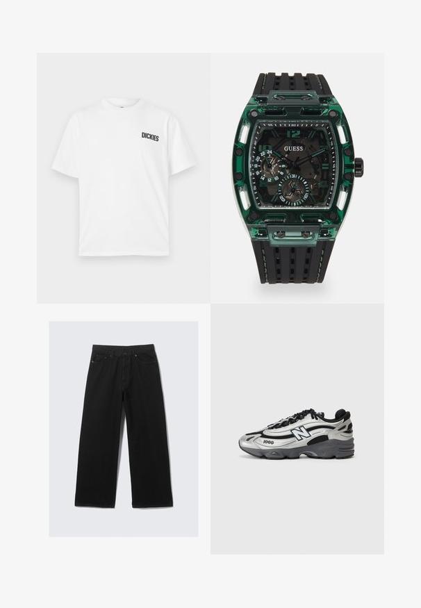 Balts īsām piedurknēm t-krekls, kas izgatavots no kokvilnas. Tam ir apaļa dekoltē un neliels melns "DICKIES" logotips kreisajā krūšu daļā.; Platas kājas melnas džinsa bikses ar augstu jostasvietu, piecu kabatu dizainu un smalku šuvumu. Audumam ir gluda, nedaudz teksturēta virsma.; Sudraba un melni sporta apavi ar acs auduma augšdaļu, mīkstinātu zoli, auklu dizainu un sānu zīmola detalizāciju.; Guess pulkstenis ar taisnstūra formas zaļu plastmasas korpusu, melnu teksturētu gumijas siksnu un vairākiem ciparnīcām ar izteiksmīgiem skaitļiem un akcentiem.