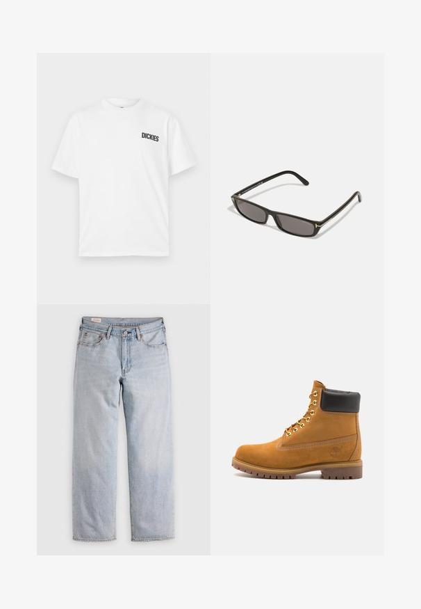 Hvid kortærmet t-shirt lavet af bomuld. Har en rund halsudskæring og et lille sort "DICKIES" logo på venstre brystområde.; Lyseblå lige ben jeans med høj talje, knaplukning samt for- og baglommer, præsenteret på en flad overflade.; Tan nubuck ankelstøvle med sort polstret krave, gyldne metaløjer, hvid syning detaljer og robust gummisål med udtalte slidbaner.; Sorte rektangulære solbriller med mørke linser. Plastisk ramme med mat finish. Guld accenter på stængerne og logo branding.