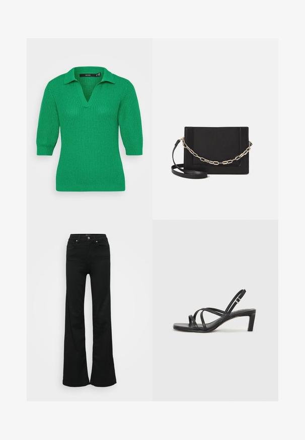 Zelený pletený pulóver s výstrihom do V a krátkymi rukávmi. Tkanina s textúrou má ribbovaný dizajn; má klasický golier.; Čierne rozšírené džínsy vyrobené z denimu, s vysokým pásom, piatimi vreckami a kovovým zapínaním. Hladká textúra s minimálnym zdobením.; Čierne sandále na vysokom podpätku so štvorcovou špičkou a nízkym blokovým podpätkom. Obsahujú viacero tenkých popruhov a nastaviteľný členkový popruh. Vyrobené z hladkej kože.; Čierna kožená crossbody taška s hladkou textúrou, obdĺžnikovým tvarom a kovovým reťazovým detailom na prednej strane. Súčasťou je nastaviteľný popruh.