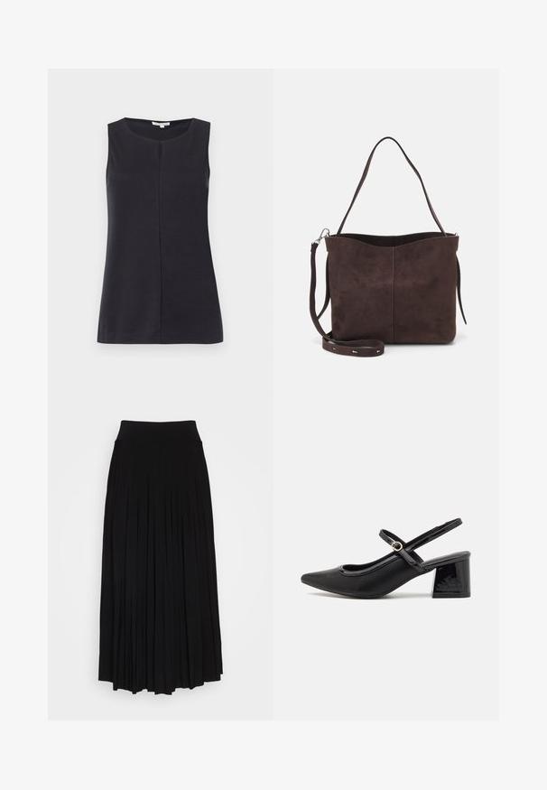 Sleeveless black top made of soft fabric, featuring a rounded neckline and a central seam down the front. Smooth texture, simple design.; Black pleated skirt with a high, stretchy waistband. Made from soft fabric, featuring vertical pleats for a flowing silhouette.; Black patent leather slingback heels with a pointed toe, a rounded cutout design, and a block heel. Features a gold-tone buckle accent.; Brown suede tote bag with a soft texture, featuring a single shoulder strap and a subtle curved top opening. No visible hardware details.