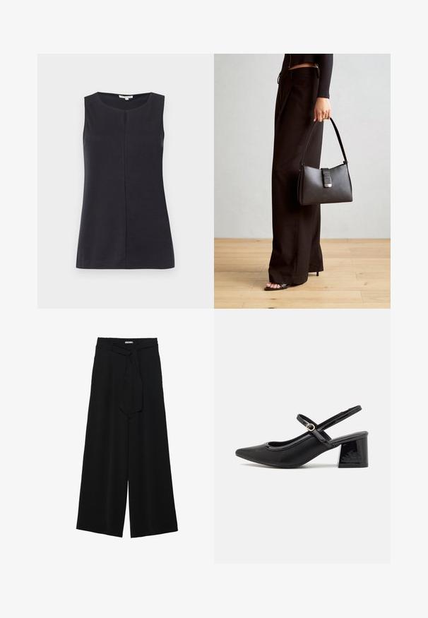 Top negro sin mangas hecho de tela suave, con un escote redondeado y una costura central en el frente. Textura suave, diseño sencillo.; Pantalones de pierna ancha negros con un tejido texturizado, una cinturilla elástica y un lazo desmontable en la cintura para un ajuste ajustable.; Tacones slingback de charol negro con punta afilada, un diseño de corte redondeado y tacón bloque. Incluye un detalle de hebilla en tono dorado.; Bolso negro con forma estructurada, textura suave y un cierre metálico. Combinado con pantalones anchos negros y sandalias de dedo en un suelo de madera.