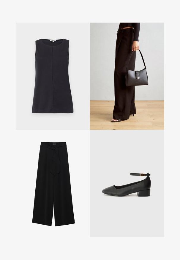 Varrukata musta topp, mis on valmistatud pehmest kangast, millel on ümar kaelus ja keskel õmblus ees. Sile tekstuur, lihtne disain.; Mustad laiad püksid, millel on tekstureeritud kangas, elastne vöökoht ja eemaldatav pael vööst, et reguleerida sobivust.; Must mustaapp, millel on terav nina ja madal blokk-kand. Omab pahkluu rihma koos kuldse tooni pandlaga. Sile tekstuur.; Must musta kott, millel on struktureeritud kuju, sile tekstuur ja metallist klamber. Kombineeritud laiate mustade pükstega ja avatud varvaste sandaalidega puidust põrandal.