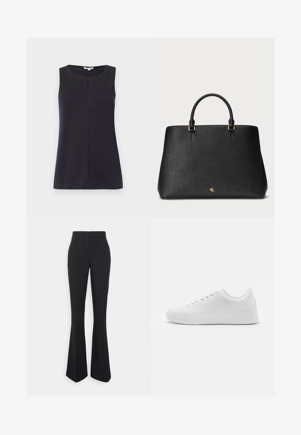 Crni top bez rukava napravljen od mekog materijala, s okruglim izrezom i središnjim šavom sprijeda. Glatka tekstura, jednostavan dizajn.; ONLY Tall ONLEDINA FLARE PANT - Hlače - black; Bijele tenisice s glatkim sintetičkim gornjim dijelom, okruglim nožnim prstom, šest rupa za vezanje i niskoprofilnom gumenom potplatom s teksturiranim detaljima.; Crna kožna torba sa strukturiranim dizajnom, glatkom teksturom i dva gornja drška. Ima zlatne detalje i logo na dnu.