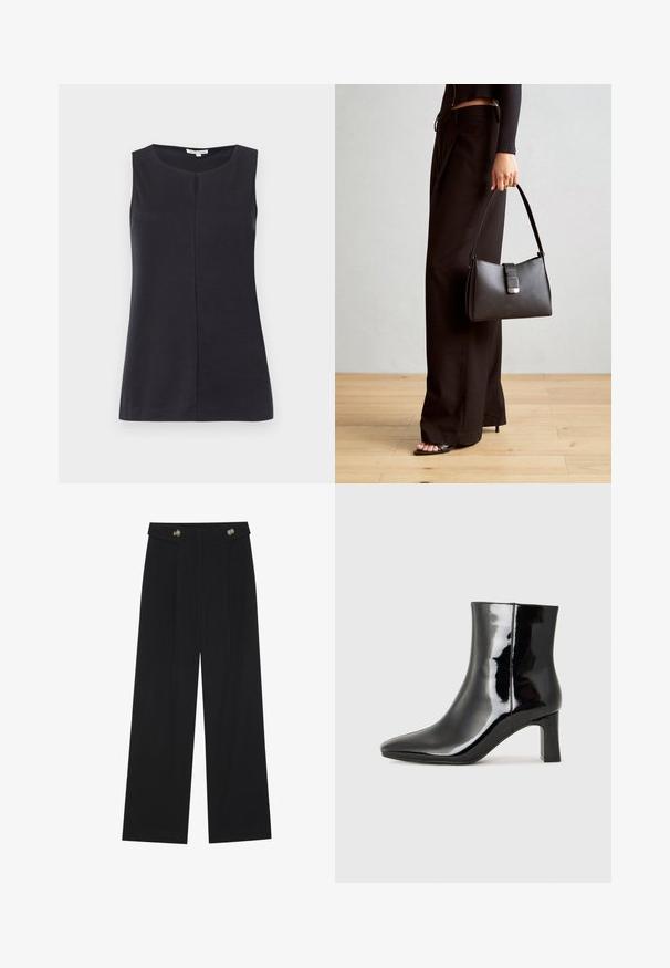 Ujjatlan fekete felső, puha anyagból készült, lekerekített nyakkivágással és középső varrással az elején. Simaság, egyszerű dizájn.; Fekete, bő szárú nadrág magas derékkal, gombos részletekkel a derékrészen és elülső pliszékkal.; Fekete lakk bőrcipő bokáig érő, hegyes orral és közepes magasságú tömbsarokkal. Simább textúrával és minimalista dizájnnal rendelkezik.; Fekete kézi táska strukturált formával, sima textúrával és fémből készült záródással. Széles fekete nadrággal és nyitott orrú szandállal párosítva, fából készült padlón.